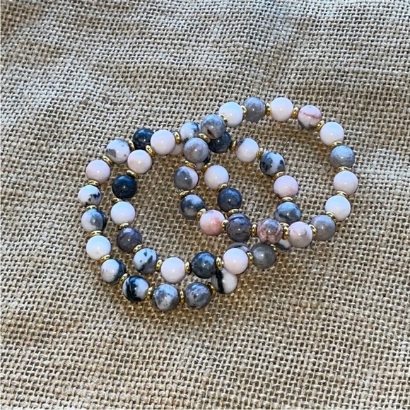 Pink Zebra Stone stackable bracelets Lot 3 Elastic Stretch Size 7 inch New - Picture 4 of 6